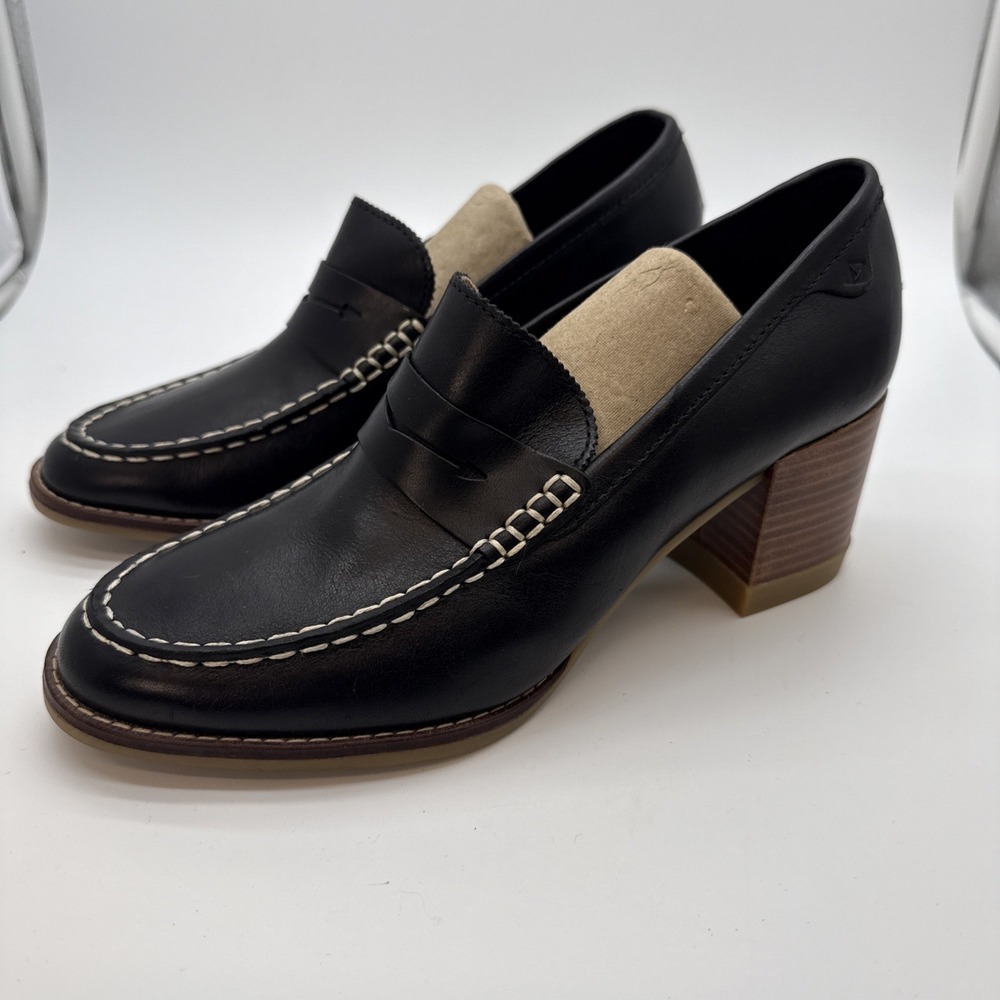 Sperry Seaport Penny Heeled Loafer Black Leather Woman's 7.5 Dress Preppy